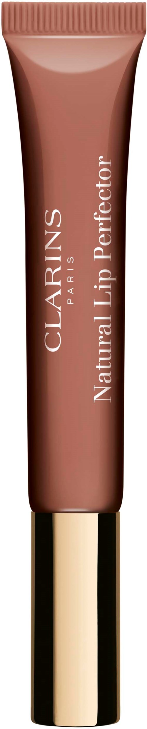 Een tube Clarins Natural Lip Perfector, roze-bruin kleur, met gouden dop en witte tekst.