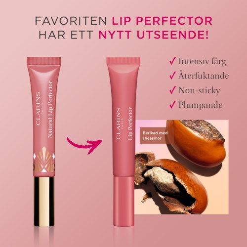 Lippenbalsem tube en een productlabel met afbeeldingen van sheaboter en tekst die kenmerken benadrukt.