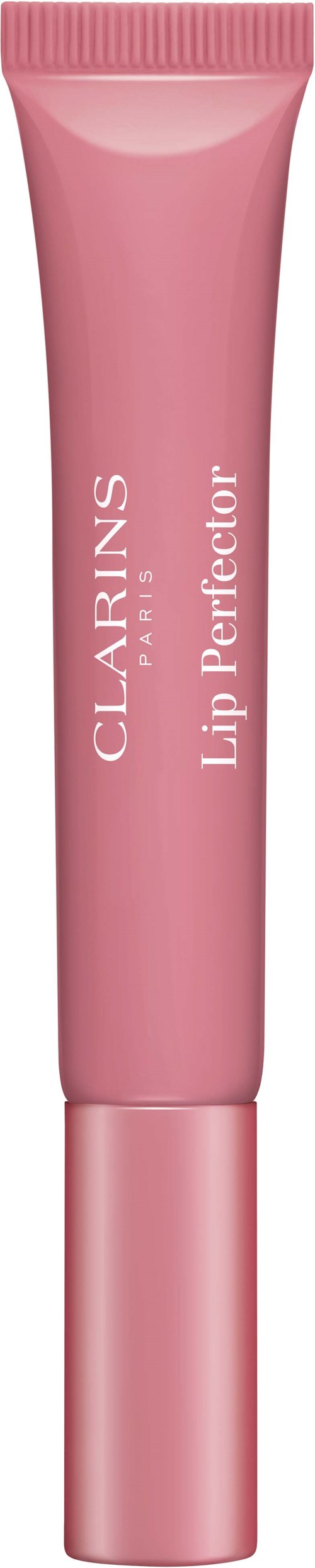 Een roze tube CLARINS Lip Perfector lippenstift met zilveren dop.