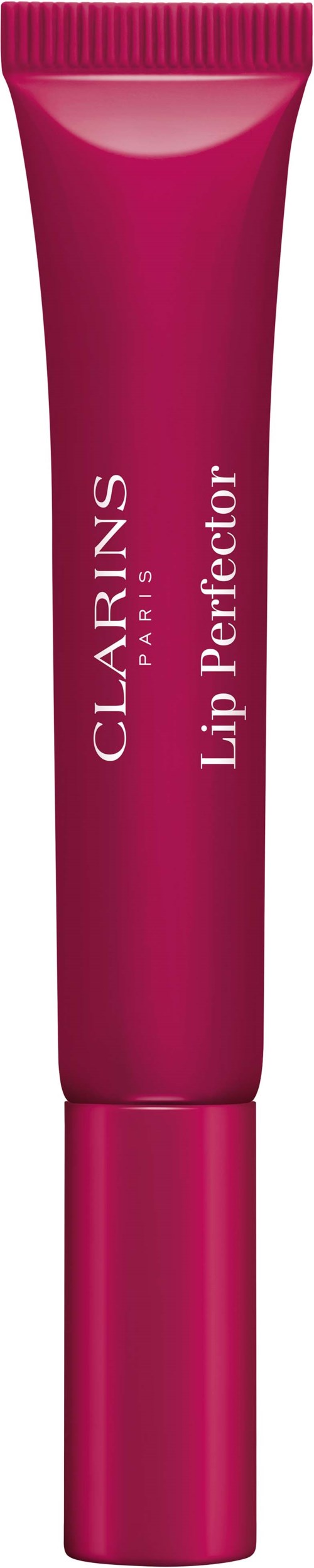 Een roze tube van Clarins Lip Perfector met witte tekst.
