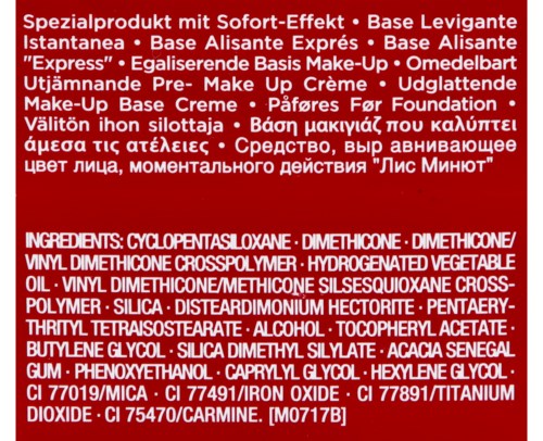 A red label with white text listing ingredients and product details in multiple languages.