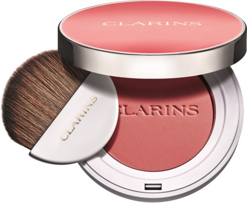 A round makeup compact with pink blush, a brush, and a pink lid labeled 'CLARINS'.