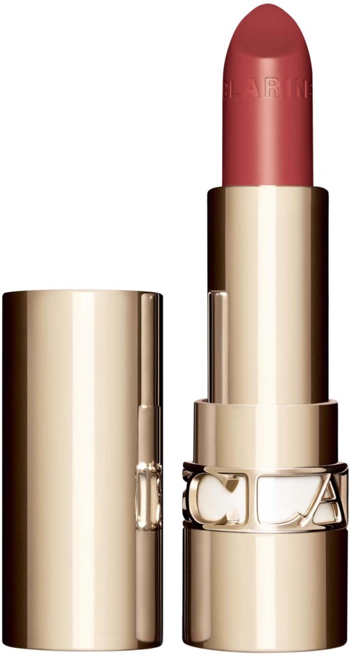 Een goudkleurige lippenstiftverpakking met de lipstick uitgestoken en een roze kleur.