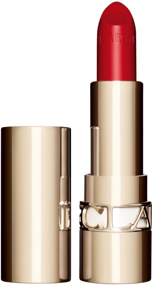 A red lipstick in gold case, with the cap removed, showing the lipstick.