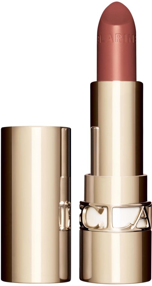 A pink lipstick in a gold case with the cap removed, showing the lipstick alone.