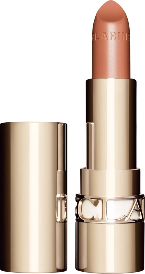 A beige lipstick in a shiny gold tube. The cap is off, revealing the lipstick tip.
