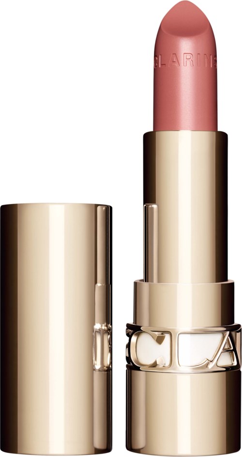 A pink lipstick in a shiny gold tube. The cap is removed, showing the lipstick ready to use.