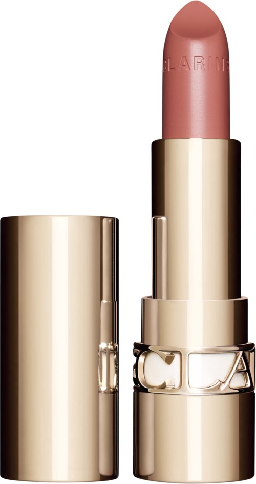 A beige lipstick with a shiny gold case, partially open, showing an pinkish lipstick inside.