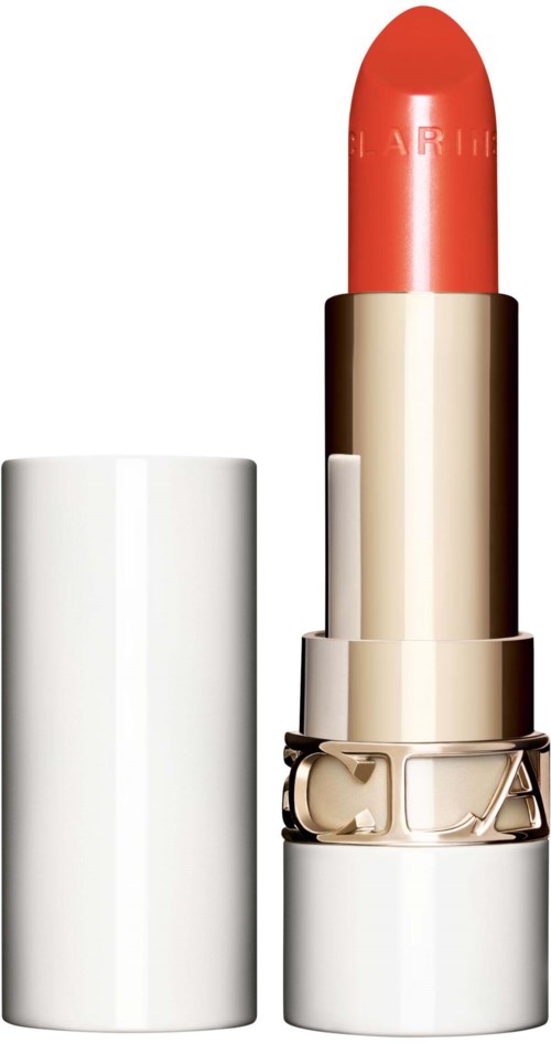 A lipstick with a shiny gold and white tube, partially open showing coral-pink color.