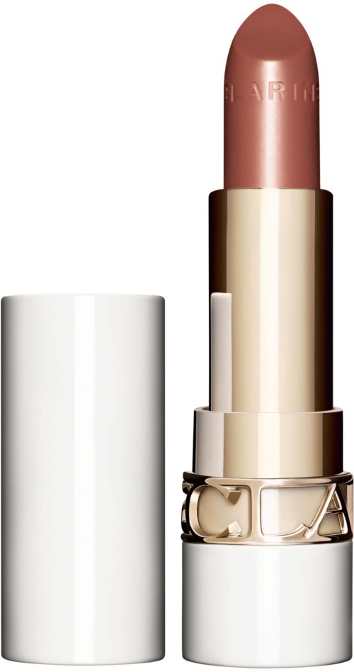A lipstick with a rose-colored stick and a white case, standing upright against a plain background.