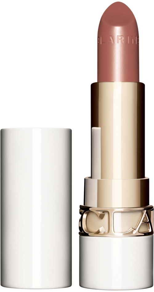 A lipstick with a light pink color in a beige and white case.