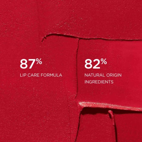 Statistics about lip care formula and natural ingredients on a red background.