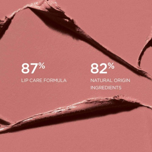 A makeup product promo highlighting 87% lip care formula and 82% natural ingredients on a pink background.