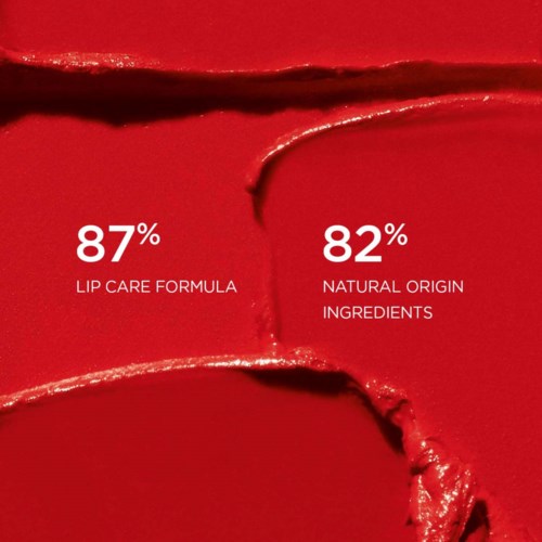 Red background with white text about lip care and natural ingredients percentages.