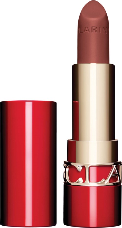 Red lipstick in a gold and red case. The lipstick is extended, ready to use.