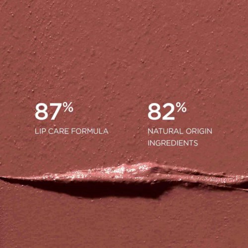 Lip care formula and natural ingredients percentages on a textured background.