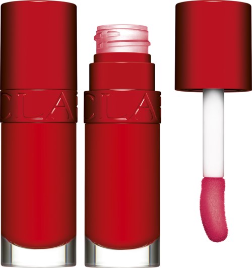 Red lipstick tube with the cap on, showing the lipstick on the right side with pink color. The brand name is embossed.