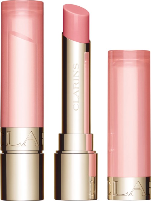 Two pink lipstick tubes and a lipstick stick with brand name Clarins visible. The tubes are shiny with gold accents.