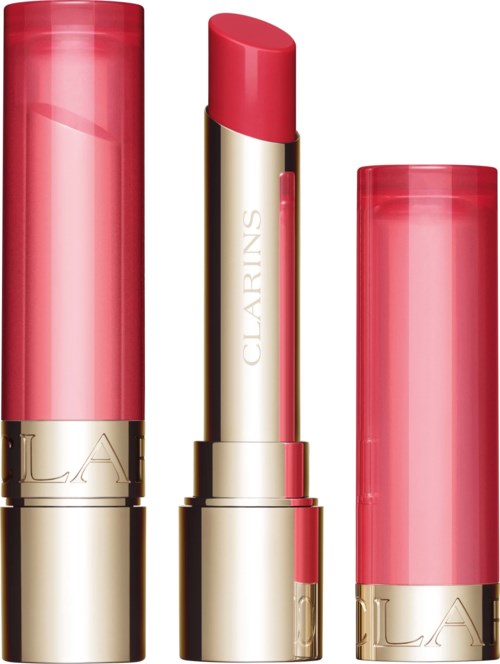 Three pink and gold lipsticks, one open showing the bright pink lipstick inside.