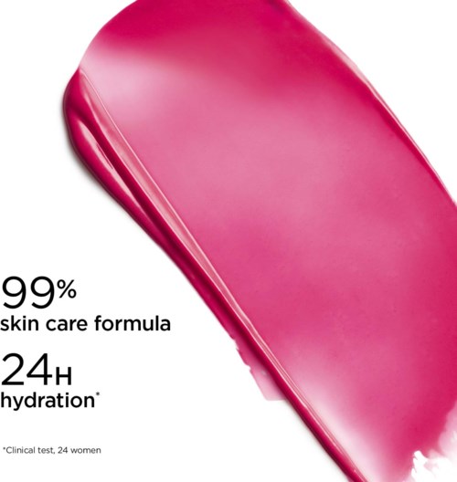 A pink skincare product with 99% skin care formula and 24-hour hydration, tested on 24 women.