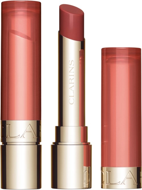 A lipstick with a rose-colored cap, and the lipstick itself is a matching pink shade. Gold accents are near the base.