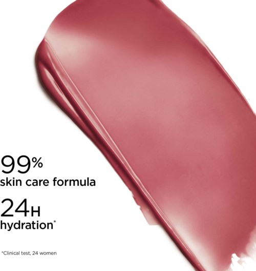 A pinkish cosmetic product smear with text highlighting skin care and hydration benefits, testing info for women.