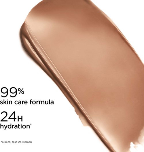 Cosmetica-advertentie met een romige beige foundation of concealer met huidverzorgingsvoordelen. Beweert 99% huidverzorgingsformule en 24 uur hydratatie.