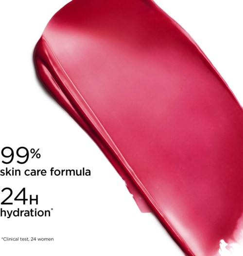 A pink cosmetic product with text indicating 99% skin care formula and 24-hour hydration, tested on 24 women.
