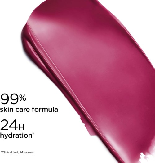 A pink, glazed makeup product, likely lipstick or balm, with text about skin care and hydration benefits.