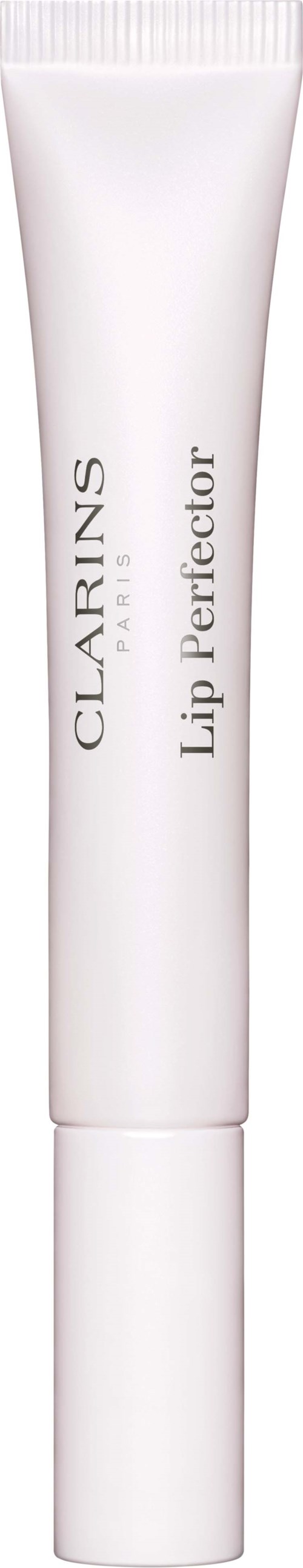 Een witte tube van Clarins Lip Perfector staat rechtop met eenvoudige tekst.