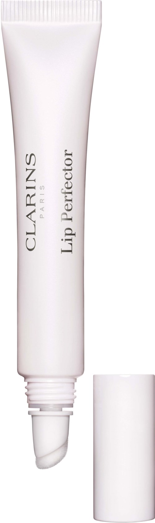 Een witte tube met een dop, gemerkt 'Clarins Lip Perfector'. Het is een lipproduct voor glanzende en gladde lippen.