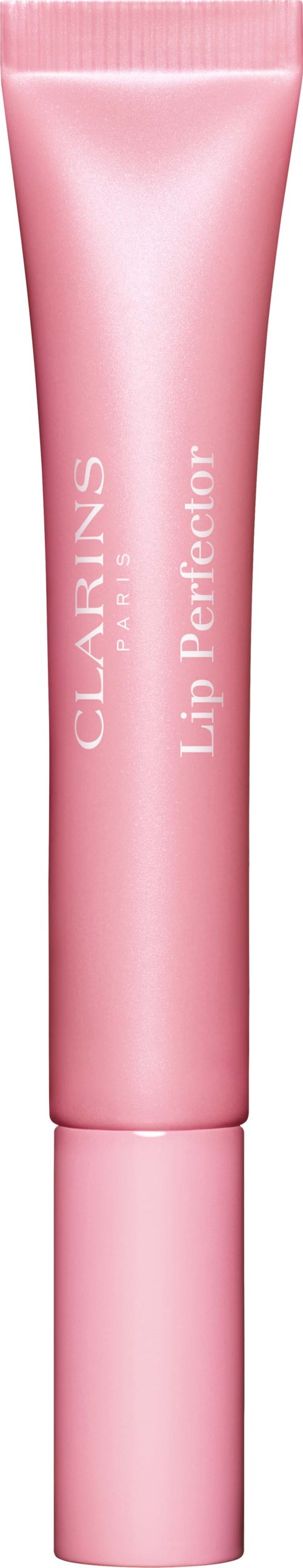 Roze tube met Clarins Lip Perfector met witte tekst.