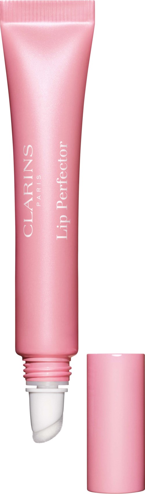 Roze tube met de tekst 'Clarins Lip Perfector' en de dop is verwijderd, revealing een witte applicator tip.