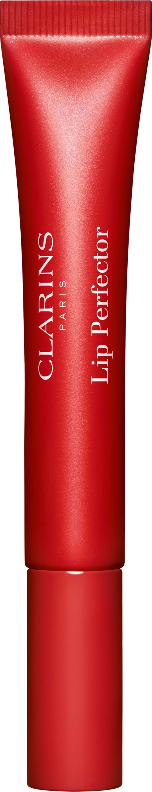 Red tube labeled 'Clarins Lip Perfector'. Minimalist design, sleek with a screw cap.