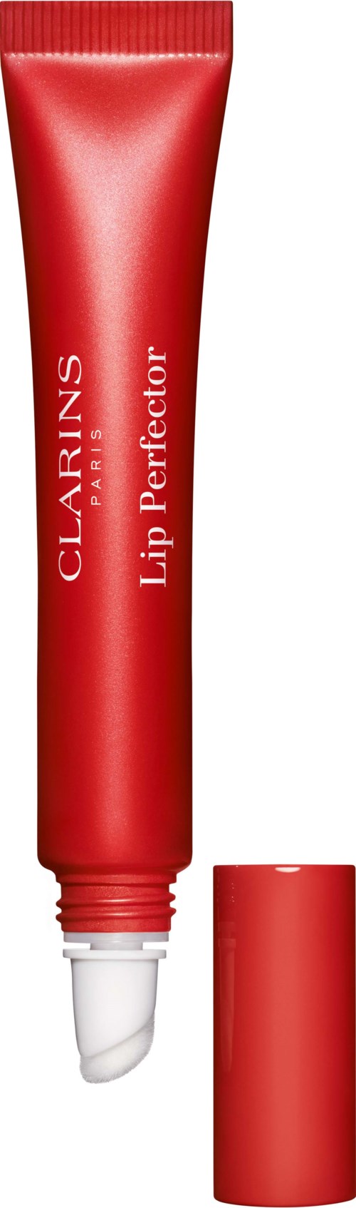 A red tube labeled 'CLARINS Lip Perfector' with the cap removed, showing a white applicator tip.