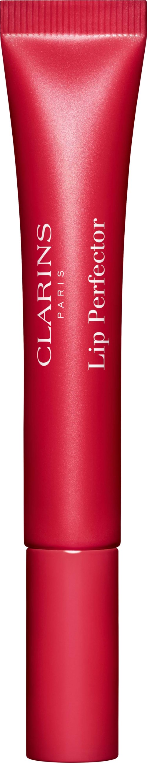 Ein roter Tubus mit der Aufschrift 'Clarins Lip Perfector' steht aufrecht, vermutlich ein Lippenbalsam oder Lipgloss. Helles, schlichtes Design.