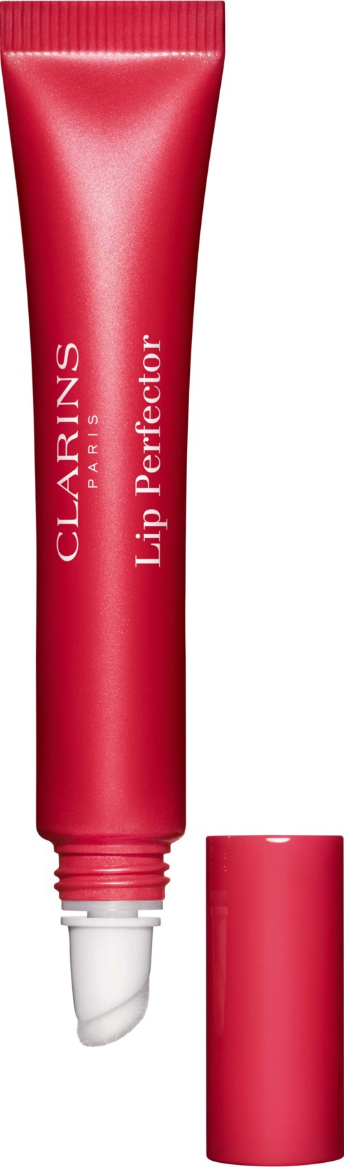 Eine pinke Tube mit dem Aufdruck 'Clarins Lip Perfector', mit aufgeschraubtem Deckel und Applikator.