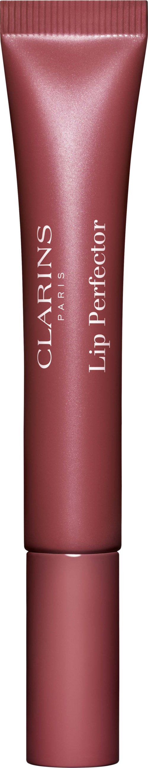 Een roze tube van Clarins Lip Perfector met een eenvoudige dop, gebruikt voor het hydrateren van lippen.