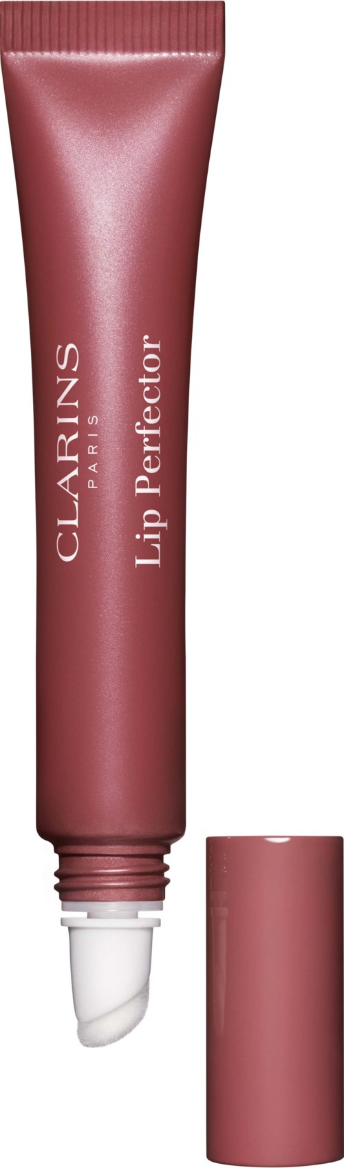 Een roze tube Clarins Lip Perfector met witte applicator en bijpassend deksel.