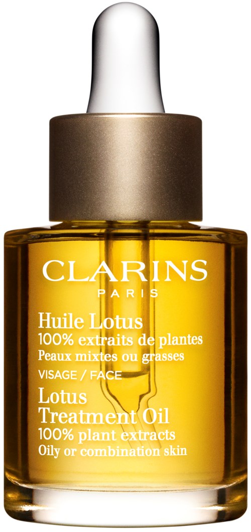 Kleine Glasflasche mit Tropfer, gefüllt mit gelblichem Öl, beschriftet 'Clarins Lotus Treatment Oil' für Hautpflege.