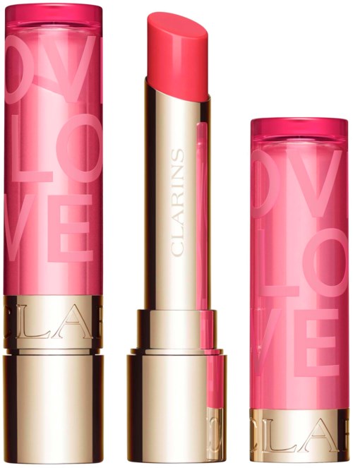 Lippenstift in een roze buis met het woord 'LOVE' erop, zonder dop. Logo onderaan.