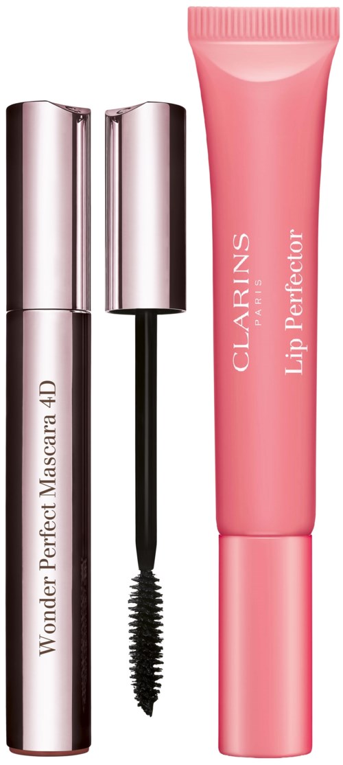 Twee make-up producten: een mascara met kwast en een roze lipbalsem in een tube.