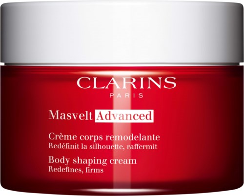 Een rode pot met een witte deksel, gemarkeerd Clarins, lichaamsvormende crème, en geavanceerd. Bevat Franse tekst en wat Engels.