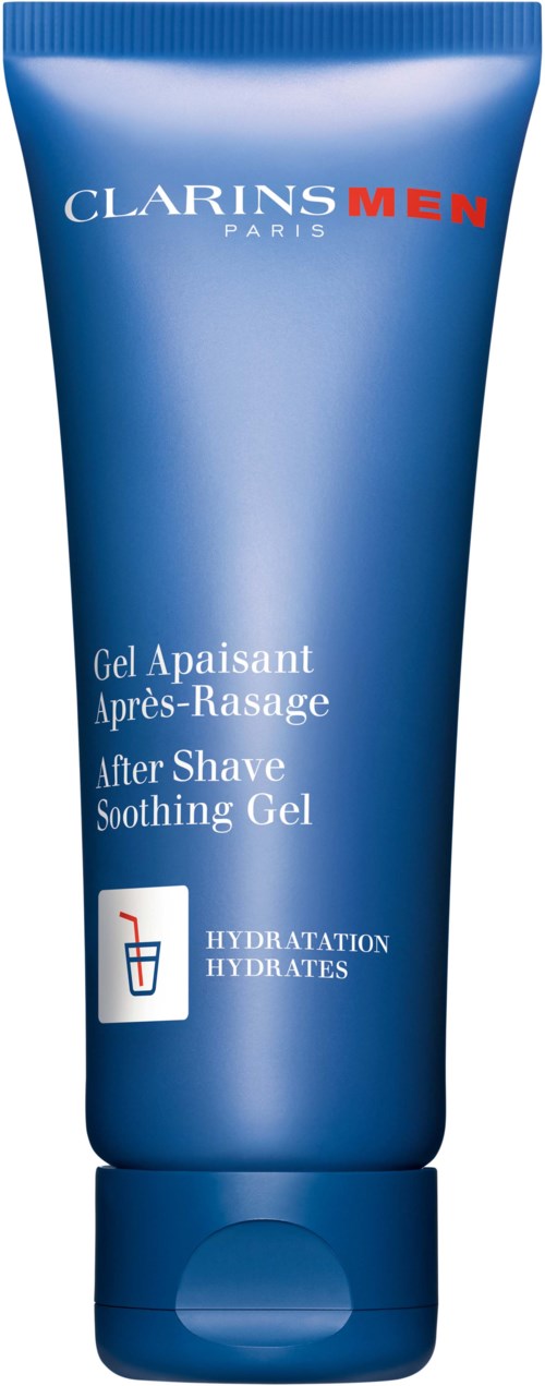 Sininen putkiloki, jossa lukee 'Clarins Men' ja sisältää after-shave rauhoittavan geelin, edistää kosteutta, teksti ranskaksi ja englanniksi.
