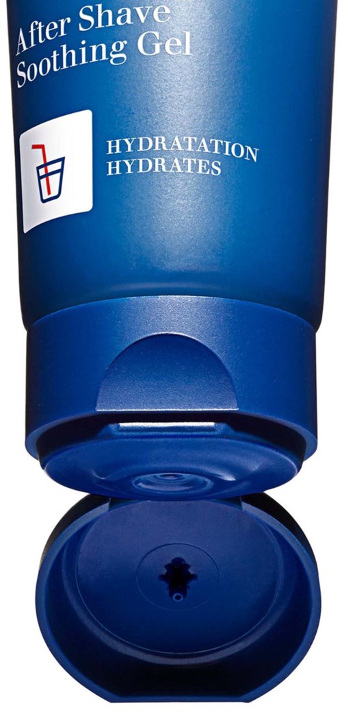 Sininen after shave -geeliputeli, jossa lukee "Soothing Gel." Mainitsee kosteuttavat ainesosat.