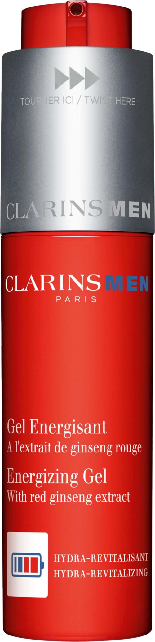 Pitkä punainen ja hopeinen pullo Clarins Men energisoivasta geelistä ginseng-uutteella. Tietoja ja logo etikettissä.