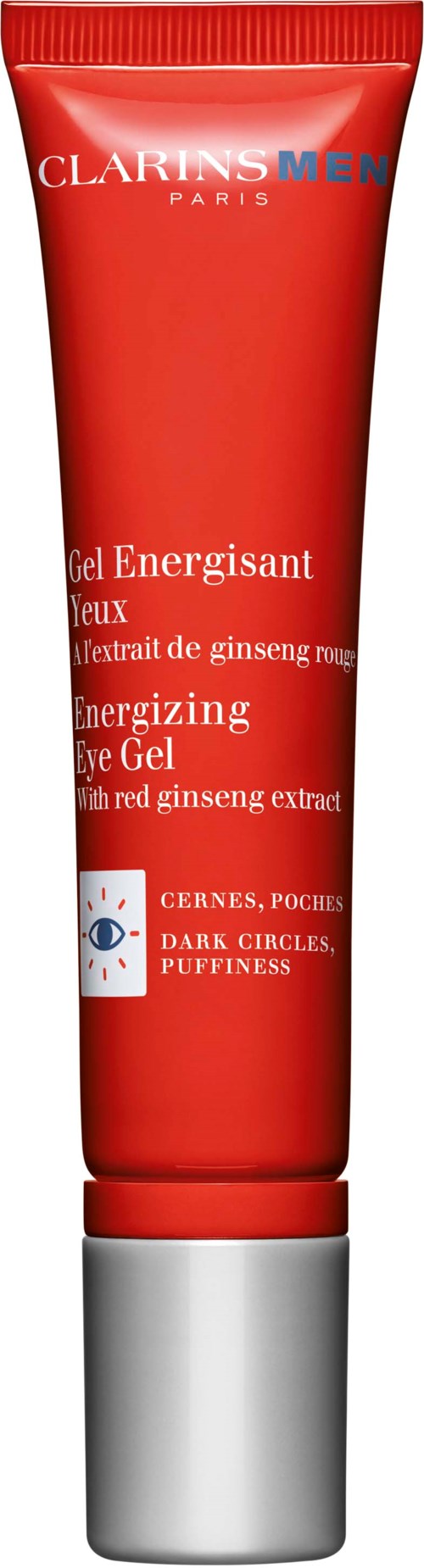 Rote Tube mit Augen-Gel mit Ginseng-Extrakt, reduziert dunkle Ringe und Schwellungen, von Clarins Men.