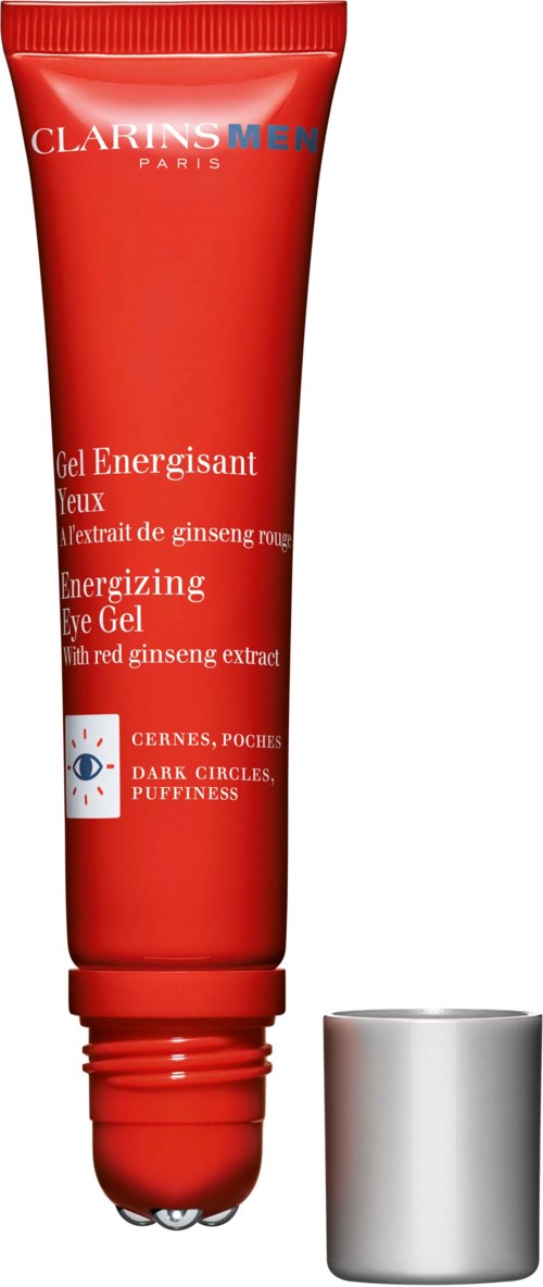 Rote Tube mit Energie-Augen-Gel mit Ginseng-Extrakt, gegen dunkle Kreise und Schwellungen, mit silberner Kappe.