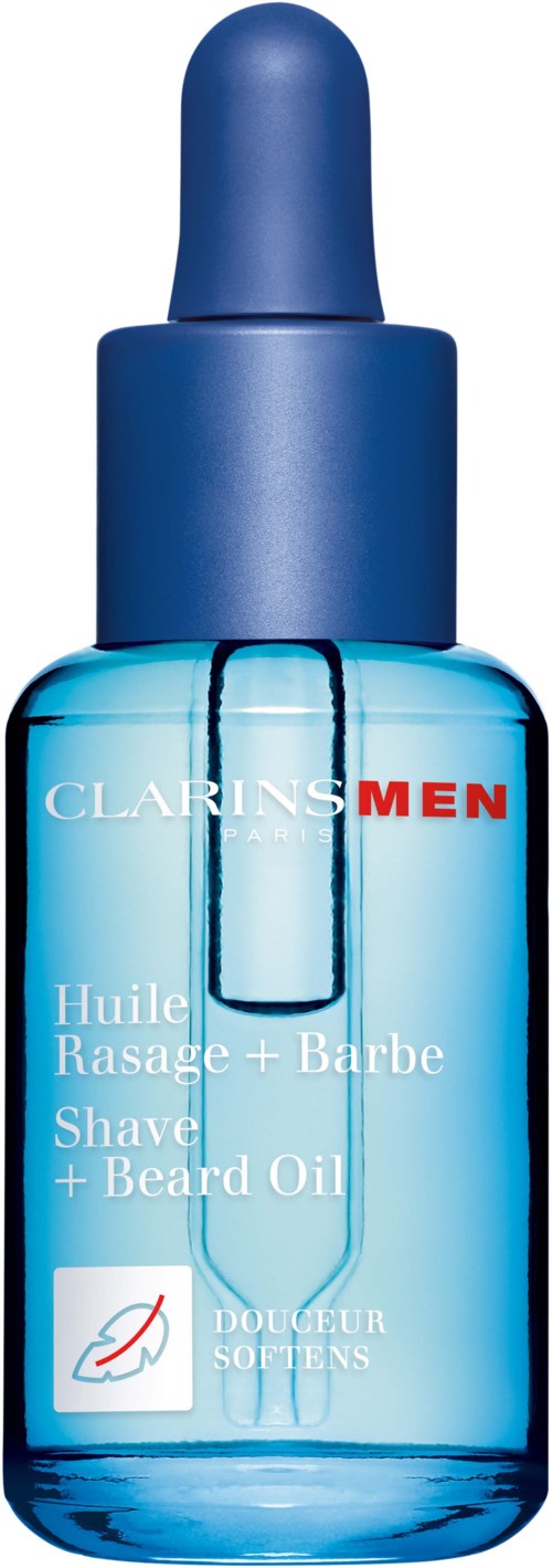 Sininen pullo parta- ja partavoidetta, tiputin, merkinnältä 'Clarins Men' ja 'Douceur Soyeux'.