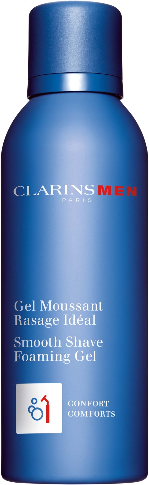 sininen pullo Clarins Men -vaahdokkaanvaahdottimella, jossa on valkoista ja punaista tekstiä, pieni kuvake ja tuotteen kuvaus.